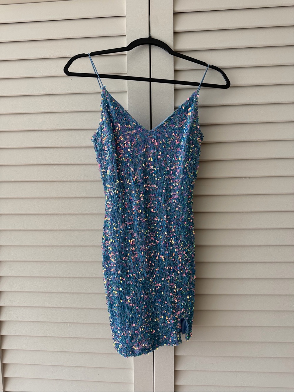 Crystal Doll Iridescent Blue Sequin V-Neck Slip Dress